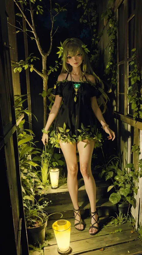 1 dryad, emerald eyes, messy hair, long hair, (smile:0.9), (parted lips:0.9), cute, dark-skinned female, bioluminescence, 
leaf trim short dress, branch bracelet, leaf hair ornament, 
ancient moss-covered spiral staircase, green light firefly, 
sharp focus...