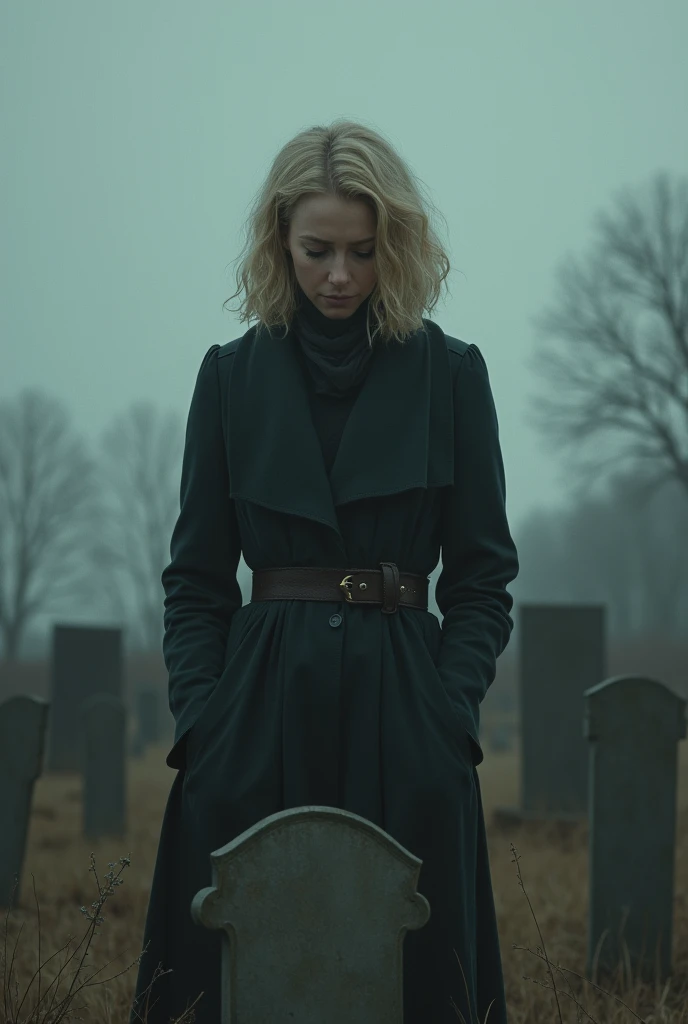  a middle-aged woman , with blonde hair,  green eyes, with cold clothes, looking at a headstone ,  with a melancholic smile 