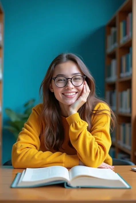 The background is a bright blue wall 、 in the library where there are bookshelves, a young woman studying in a place 。 Wearing round glasses、Wearing a yellow sweater、 looking at me with a smile with her face close to the book spread out on her desk