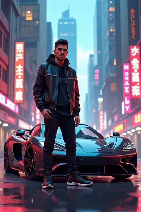  Create an image for a song with retro futuristic views with a sports car and a 20-year-old boy dressed in Louis Vuitton streetwear Philipp Plein Amiri " Downtown " "Danny PM "