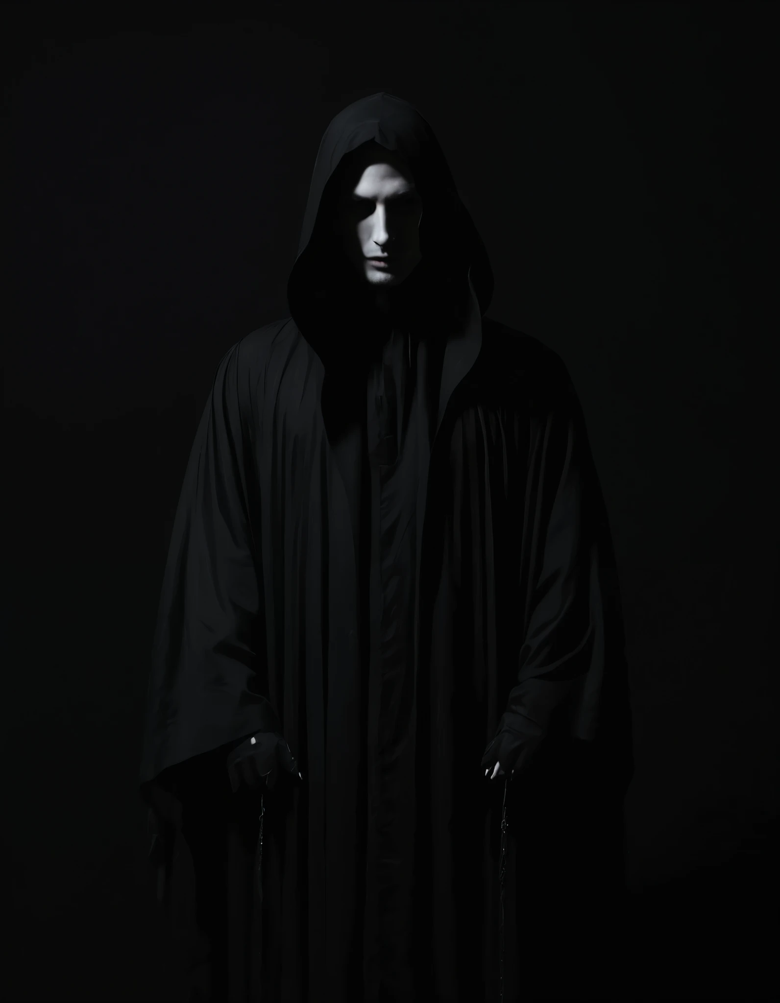 Man in black robe standing in darkness, album cover, tumblr, horror gothic art, veil, moonless night, darkness, dark and muted colors, caretaker, faceless, dark background