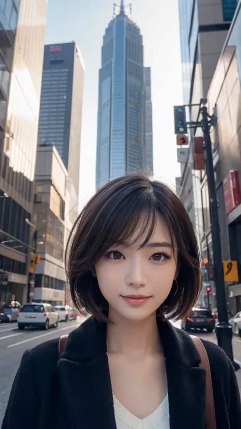 highest quality、genuine、Super detailed、finely、High resolution、8k wallpaper、one beautiful japanese woman Walking  Under the skyscraper、light brown short hair、sharp focus、perfect dynamic composition、beautiful and detailed eyes、thin short hair、Detailed genuin...