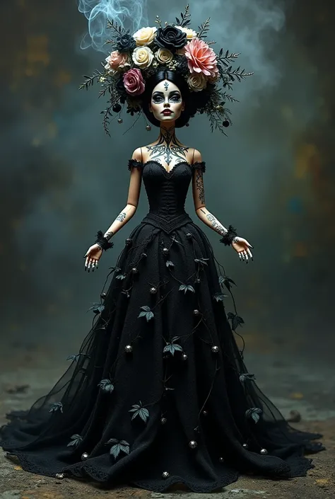     Front art photograph of a Barbie Catrina on the Day of the Dead  , unusual pose, She wore a lot of silver  .  ,     magic smoke emanates from her body     , ethereal, (( organic symbiosis )) of plants all over her body    ,     silver and obsidian leav...