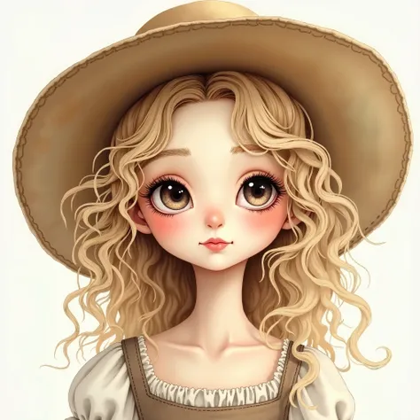 /imagine illustration art of A whimsical portrait of a girl with curly blonde hair, wearing a vintage hat with natural textures, watercolor -painting-inspired illustrations art with line art pastel color palette, soft focus on her expressive eyes, romantic...