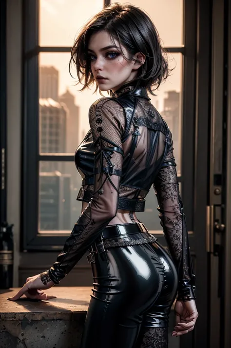 lora_Emma, perfecteyes eyes,(((cowboy shot))),a pretty 21 year old girl,back hair,short hair, hair over one eye,blue eyes,skinny body type, ((ultra glossy and shiny latex)), (((black mesh shirt with lace))),(black latex pants), ((two wide decorative belts)...