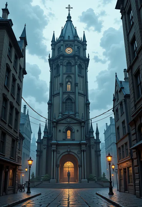 In low angle looking up shot, medium close-up view. A hyper-detailed 2D illustrator art wallpaper, Grimmdark, epic contrast painting, the High little Tower, in the roundabout in center of the square, middle the Crossroad. On tô of the tower is the mini shr...