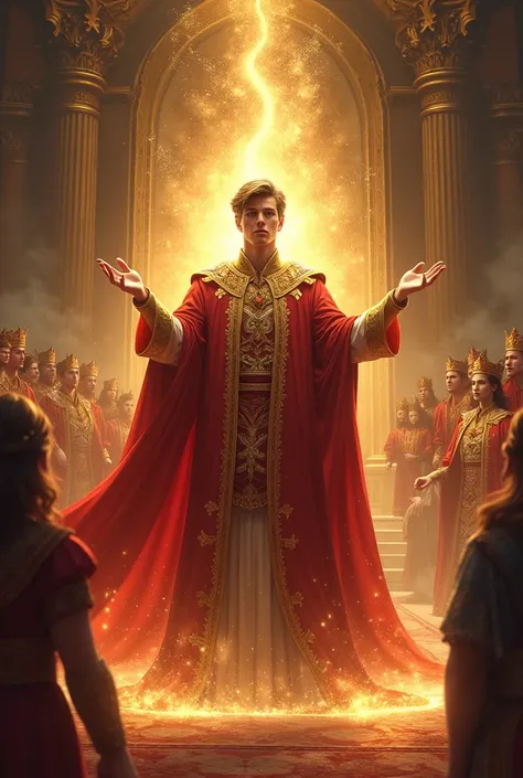 Illustrate the moment of transformation. The young man’s attire instantly transforms into royal robes—deep red and gold, matching the kings attire. A magical aura surrounds him, signifying the transfer of power. The throne and the entire royal court subtly...