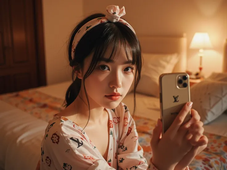 A cute selfie from the first perspective, wearing a fashionable autumn long-sleeved nightgown from the LV brand, sitting on the bed in the bedroom of a Miami villa at night, with a single ponytail and a headband. (straight black-brown hair) (blue ambient l...