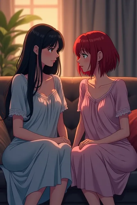 Two women; 1 long black hair, 1 short red hair, sitting on couch, wearing night gowns, talking together, anime style