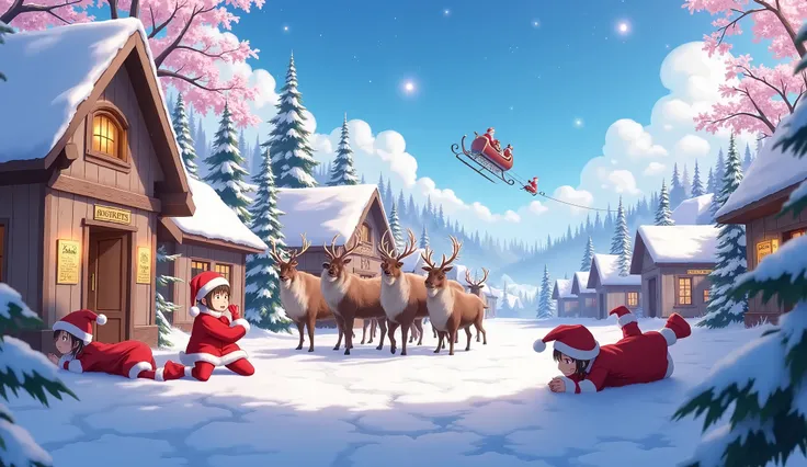 a fantasy anime snow landscape, santa claus village, funny santa clauses napping, reindeer pulling a sleigh, signboard of santa claus village, young apprentice santas playing, detailed snow, detailed winter landscape, surreal, dreamlike, magical, whimsical...