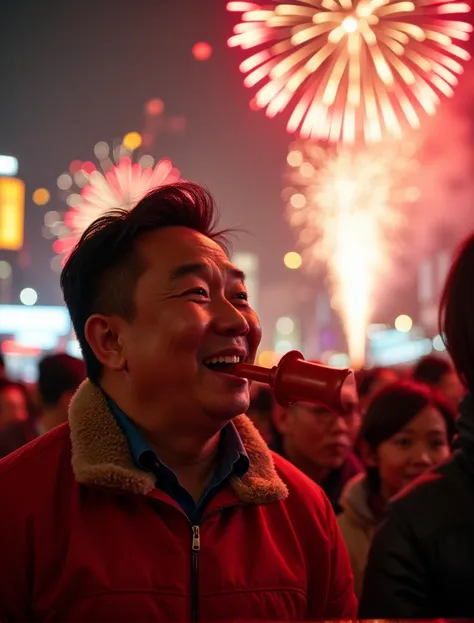  Photography of an Asian fat man celebrating New Years Eve with a vuvuzela in his mouth playing on the fireworks.  professional photography , Resolution and high quality , Very real, very detailed, ultra HD, 32k.