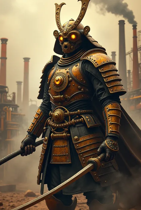 A steampunk style samurai with a steampunk style armor and steampunk style war mask 