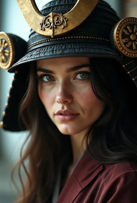 1 Female,  Portraits,  A beautiful woman wearing a brave samurai helmet,   long hair on background,  watching viewers, Photo realistic , Hyper realistic ,  high detail,  Analog Style , Bent over,  discreet , Low Cut,  detailed skin, Matte skin,  soft light...