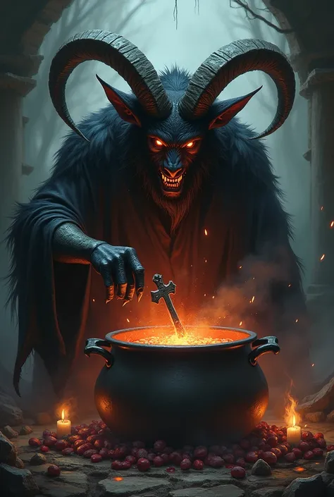 Beelzebub with the head of a black goat stirring a cauldron with a cross in his hand 