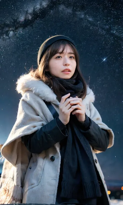 (   watching the night sky in frigid regions 、Wearing a fluffy scarf 、 her breath is white expression   、 woman looking up at the starry sky with an unnuited expression、   night background 、that&#39;Outdoors at night)、(     plump breasts  、   Completely na...