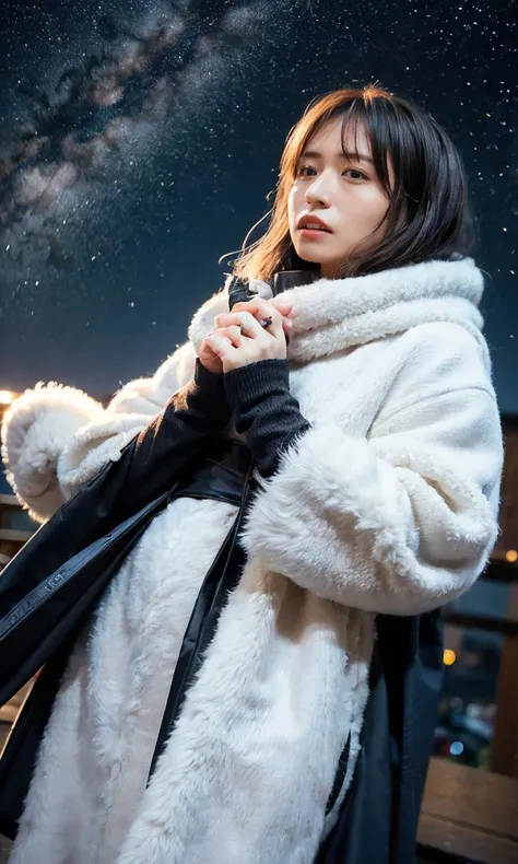 (   watching the night sky in frigid regions 、Wearing a fluffy scarf 、 her breath is white expression   、 woman looking up at the starry sky with an unnuited expression、   night background 、that&#39;Outdoors at night)、(     plump breasts  、   Completely na...