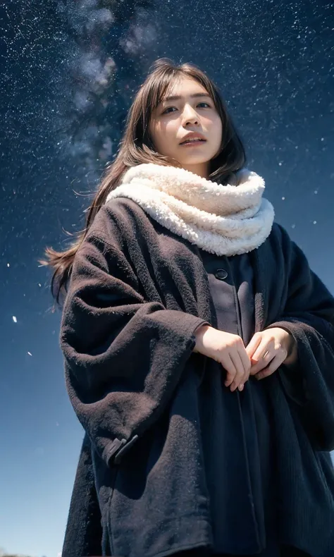 (   watching the night sky in frigid regions 、Wearing a fluffy scarf 、 her breath is white expression   、 woman looking up at the starry sky with an unnuited expression、   night background 、that&#39;Outdoors at night)、(     plump breasts  、   Completely na...