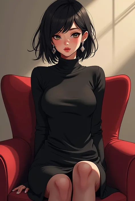  Create a 2D anime-like image of a girl with an ultra feminine outfit, But dont wear a skirt
And that she doesnt have breasts 
( The girl is a young adult )
(she is thin and short)
(He has a Bob cut and his hair is black and messy)
(Do it as if you were po...