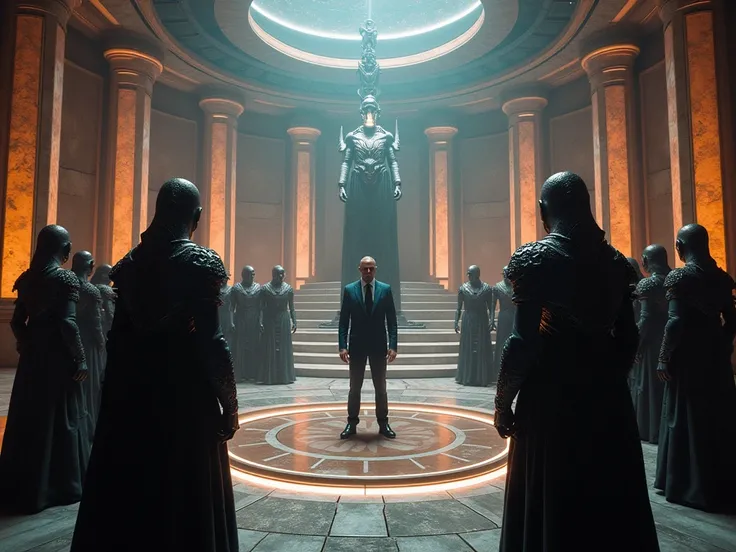 "An intense sci-fi scene depicting the Galactic Council chamber, an opulent and alien architectural marvel with glowing crystalline walls and floating platforms. At the center, a stern human diplomat in a futuristic suit is being confronted by towering, ot...