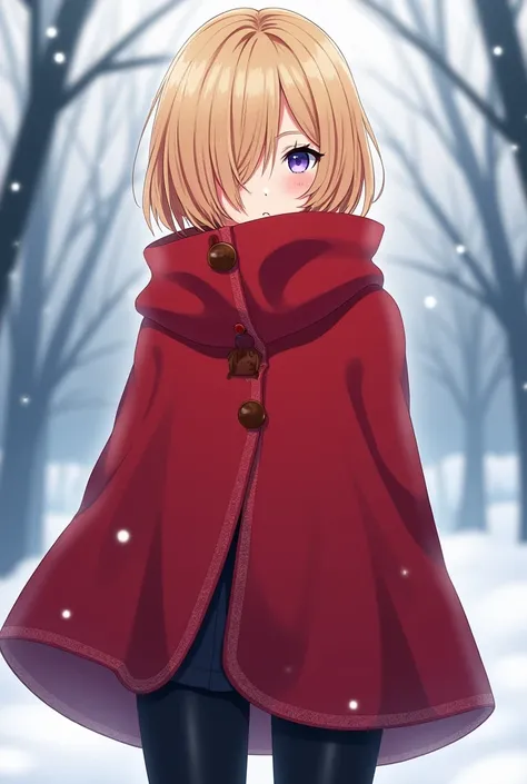 Beautiful cold 20-year-old blonde short haired girl  (hair covering her left eye ) black pants and red winter cape anime version 