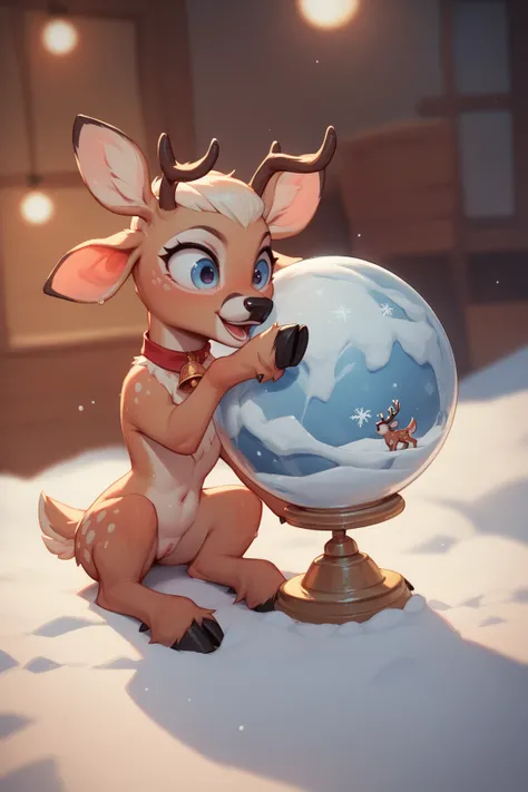 inside a cursed Christmas snow globe, a tiny woman is being transformed into a female deer