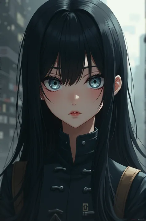  Long-haired girl with bangs, Jet colored hair ,  blue-gray eyes , anime: Attack on Titan