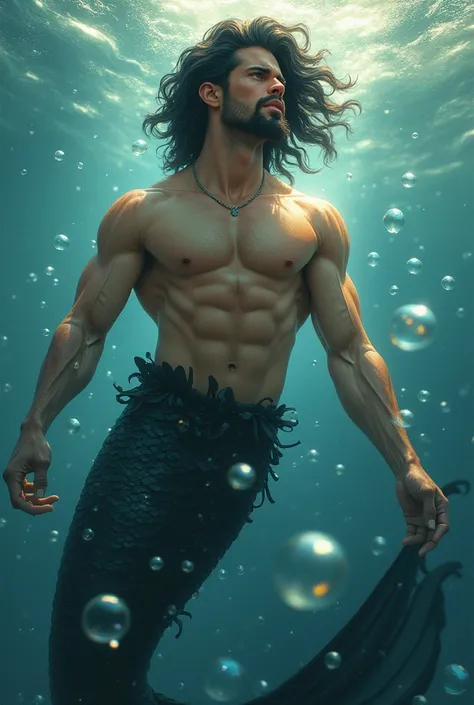 A young, beautiful, pretty, handsome, giant and muscular merman, No beard, realistic, masterpiece, high-quality, in the ocean, with some bubbles, black hair, gold eyes, a teenager, a student