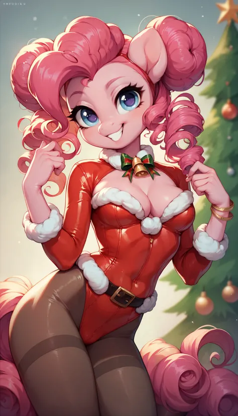 score_9, score_8_up, score_7_up, Pinkie Pie, mlp, anthro, 1girl, purple eyes, solo, two curly top hair knot buns with two curly hair strands on the side, tight body suit pantyhose, small perky breasts, cleavage, jewellery, 1girl, solo, Christmas clothes,