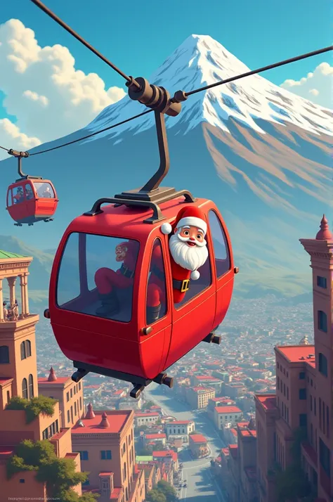 Papanoel animated cartoon about the red cable car from La Paz Bolivia and Cerro Illimani in the background