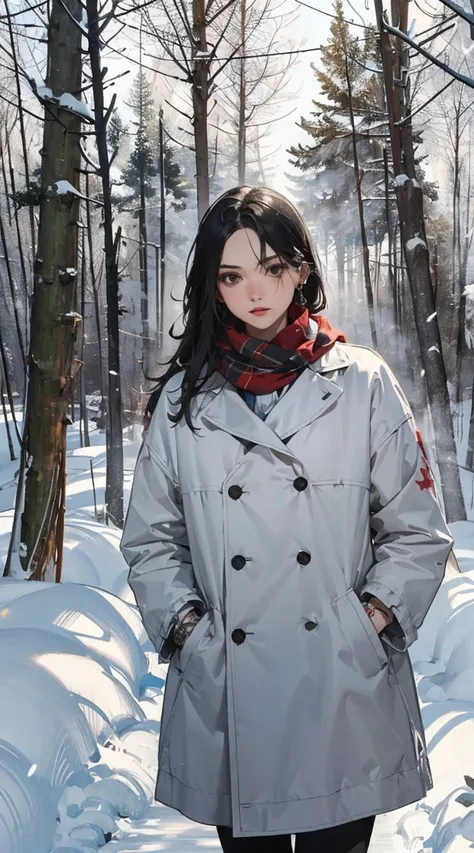 pixel art, 1 girl, solo, black hair, brown eyes, long hair, A young girl wearing a fluffy white coat and scarf, walking through a snow-covered forest, delicate snowflakes falling around her, soft sunlight filtering through the trees, highly detailed, artis...