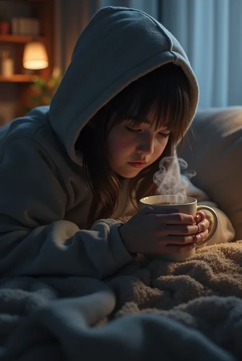 Show a full real image a girl sidepose hidding face with Hoodie sitting on couch haveing a mug fo coffee and covring herself in wearable Blanket Hoodie. 