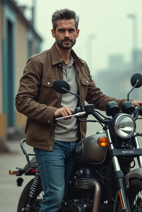 
man standing with motor bike facing to camera casuallly close up shot
