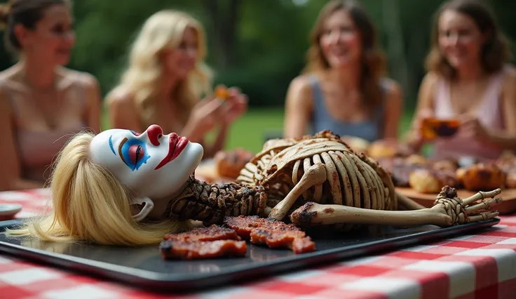 a backyard barbecue. An attractive blonde haired womans head with clown makeup and upper torso attached to a singed skeleton torso, flat on her back facing left with eyes closed on a serving tray on the picnic table. There are some cooked chunks of meat st...