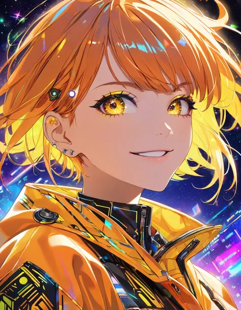  cool adult woman ,  orange short hair and neon yellow eyes、 face close-up 、 cyberpunk outfit、colorful starry background 、 Smile of Determination 、 Face Closeup 、Decoration、 is dazzling