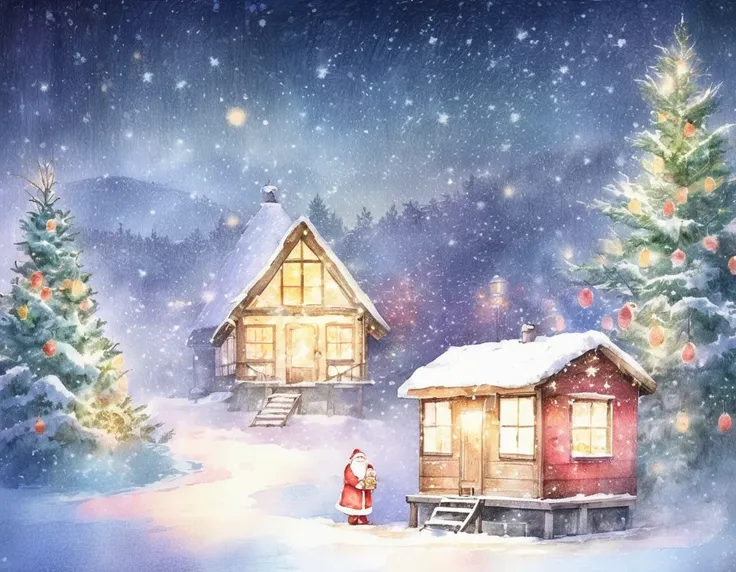 Watercolor Style, color lead,
traditional media,  Santa Claus村, Winter Night,  Christmas Illuminations, Snow, Glowing Tree ,  Santa Claus, Hut, Warm Light,  happy atmosphere 