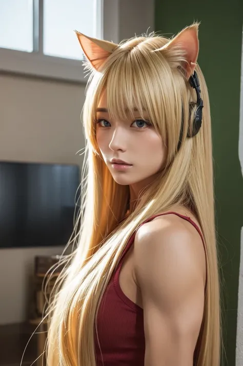 yyy blonde long hair cat ear man muscle