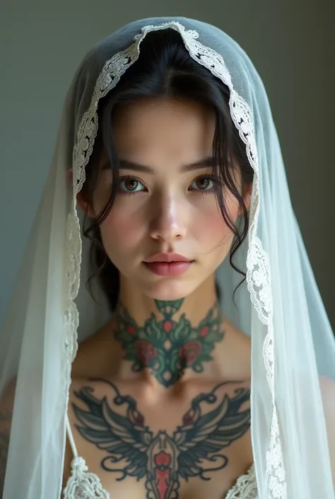 Make me an image of a modern virgin ,  with tattoos and others with a veil on her head with an angelic look realistic style