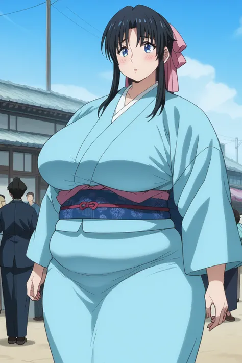 Kaoru Kamiya, Kaoru Kamiya,　 long hair,  pink barrette ribbon , bangs,  blue eyes, Thighs, Black Hair,  light blue kimono ,　Navy blue Kimono obi ,  kimono,  score_9,   score_8_up,   score_7_up,   score_6_up,   score_5_up,   score_4_up,     masterpiece   , ...