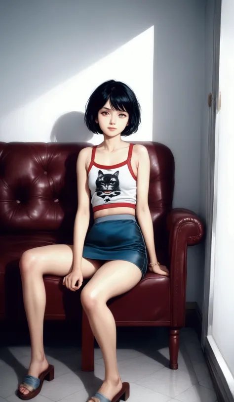 adorable young woman, at living room, 90s style photo, (+black bob cut, swept-side bang), wear singlet (+light-blue black and red color ), dark-blue denim pencil skirt), flat shoes, BREAK, (1girl, solo, full body), (best quality,4k,8k,highres,masterpiece:1...