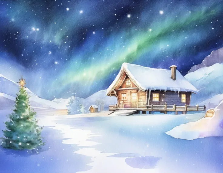 Watercolor Style, color lead,
traditional media, Arctic, Santa Claus Village , White Snow, Blue night sky,  Aurora, Santa Claus hut,  fantastic atmosphere, Winter starry sky