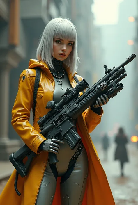  Straight haired robot woman ,  armed with a rifle ,  futuristic and retro , long coat, mechanical parts ,  medium plane image with details