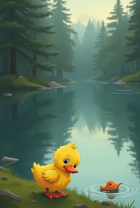 Yellow duck sad because he lost his favorite toy in the lake 