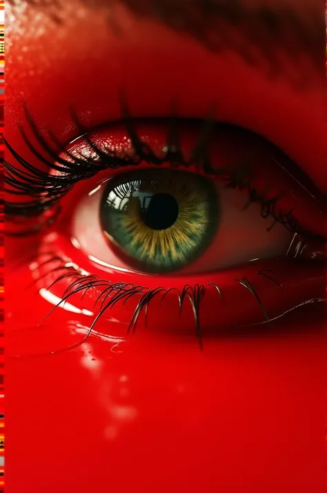 The image shows a close-up of a human eye partially submerged in a vivid, glossy red liquid. The eye itself is strikingly green with fine details, surrounded by long, wet eyelashes coated in the red substance. The liquid reflects light, creating a dramatic...