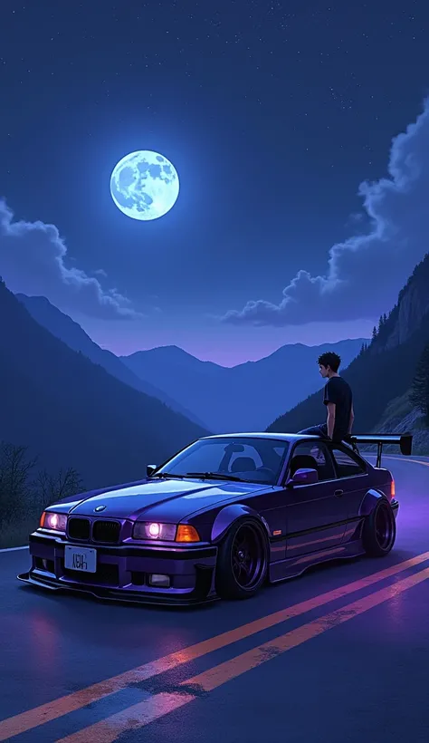 Bmw e36 fully sports modefied wide body dark purple detailed body kit  standing on the top of the moutain road anime guy sitting on the car watching the moon night time dark blue moon glowing stars asthetic dark weather purple light underneath the car mast...