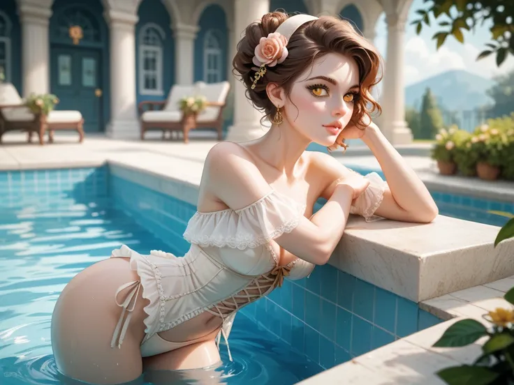 Women, British,  long straight dark brown hair , golden eyes , pale skin,  naturally pink lips ,  hourglass body ,  firm and round breasts ,  small waist , wide hip,  wearing a translucent beige Victorian blouse,  swimming in a pool of water hidden in the ...