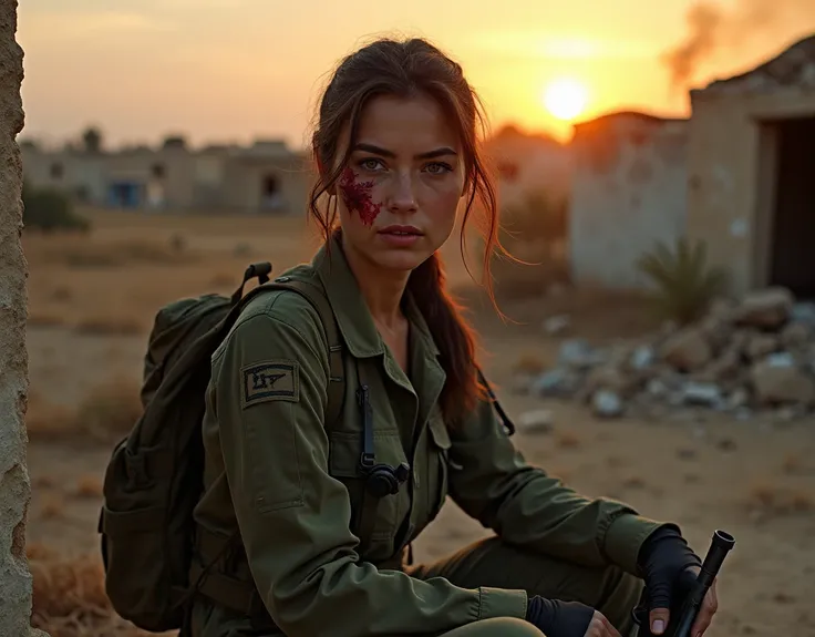 A collective farm in Israel. Sun setting. Family houses, garages, fields, gardens. broken windows. rubble. fires and smoke in background.  An athletic Israeli Ashkenazi woman. 25 years of age. thin waist. Neck length brown hair pulled back into ponytail wi...