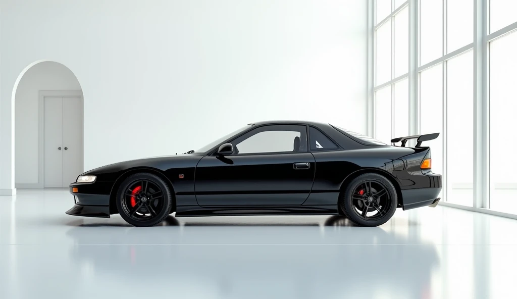 A side view of black Honda prelude in white Luxurious Showroom