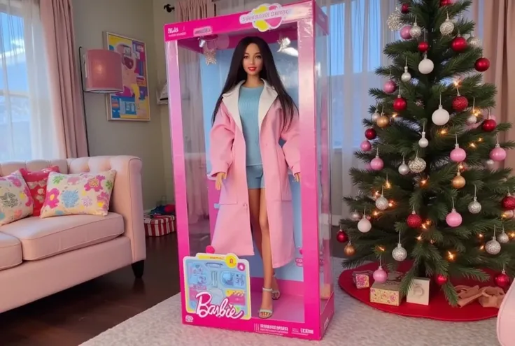 Leaned up against the Christmas Tree in the living room is a large Barbie Box with big plastic panels, inside is a Adult Life Size Scientist Barbie *cute woman, mouth open, doll eyes, clear connection at neck, sexy Lab Scientist outfit, white lab open toe ...