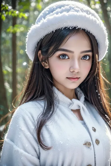 portrait, High quality, Indian fairy winter snow In the forest through the trees About , , Smooth skin, ((best quality, 8 k, masterpiece :1.3)), 1 girl, Beautiful girl , casual outfit :1.2, In the forest, ultra detailed face, detailed eyes, double eyelid