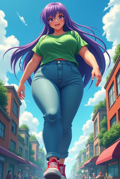 Anime fat giantess wearing a green shirt, jeans, and red sneakers. She has long purple hair with a bang of hat covering her right eye.  She looks happy and is taking big steps through a tiny city.